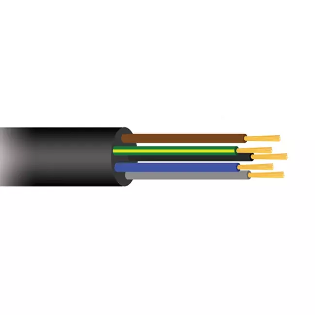 Soepele zwarte rubberkabel 5 x 2,5 voor buiten, rol 50 meter