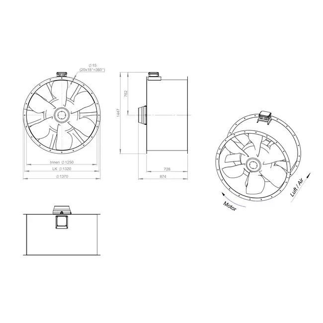 Axiaal 1250 mm kanaalventilator rookgas F300- AL 1250 D6 F3 01 CFG