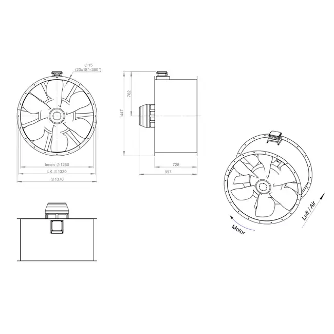 Axiaal 1250 mm kanaalventilator rookgas F300- AL 1250 D6 F3 02 CFG