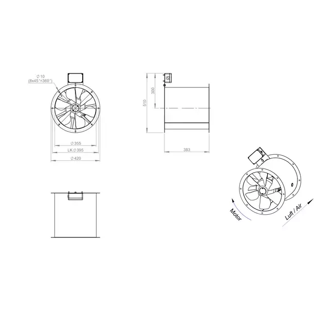 Axiaal 355 mm kanaalventilator rookgas F400 - AL 355 D42U F4 02 CFG