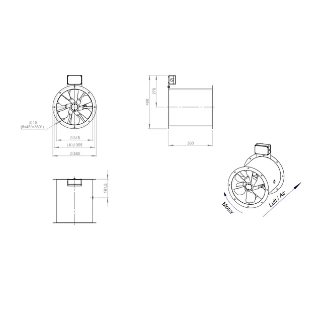 Axiaal 315 mm kanaalventilator rookgas F300- AL 315 D42U F3 01 CFG