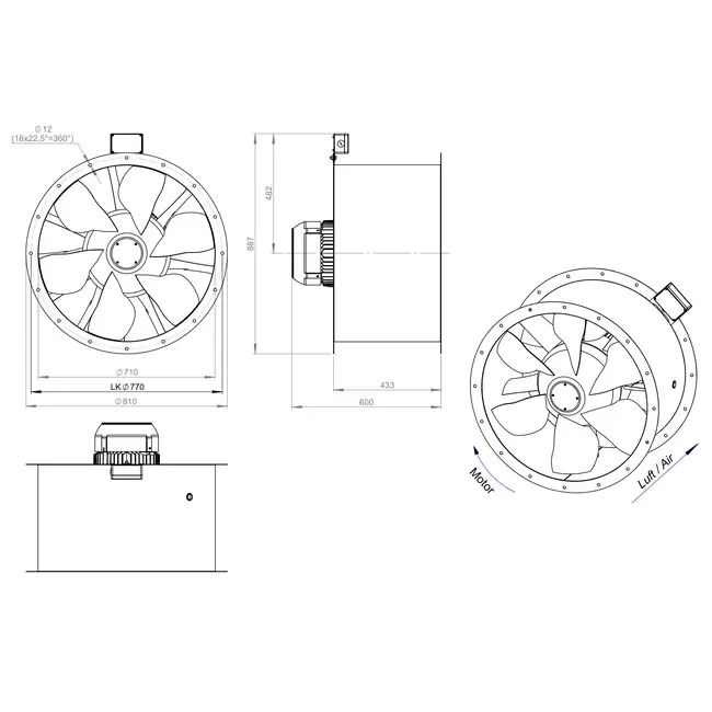 Axiaal 710 mm kanaalventilator rookgas F400 - AL 710 D6 F4 02 CFG