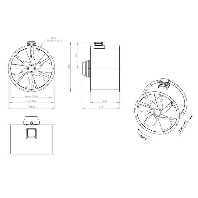 Axiaal 900 mm kanaalventilator rookgas F400 - AL 900 D84U F4 03 CFG