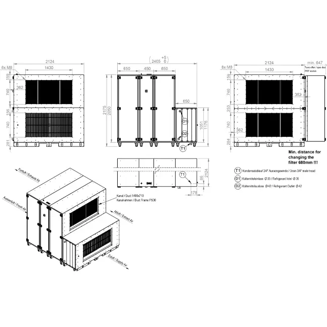 Maxivent WTW luchtbehandelingkasten met warmtewiel 5000 m3/h met DX-batterij horizontaal rechts - RHE 5000 H ODJR T 01
