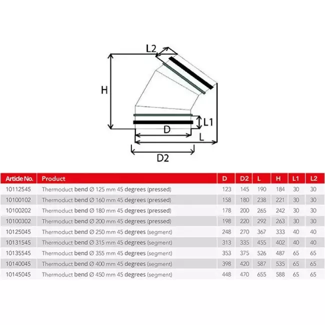 Thermoduct geïsoleerde bocht 45 graden diameter 355 mm