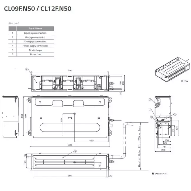LG low static kanaal airco binnenunit + afstandsbediening CL12F R32 3,5 kW