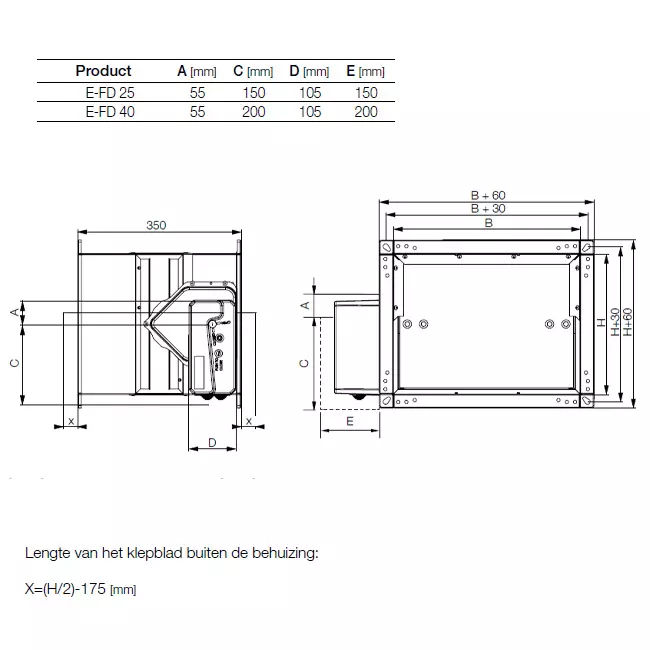 Brandklep rechthoekig handbediend - E-FD25 100x500 R