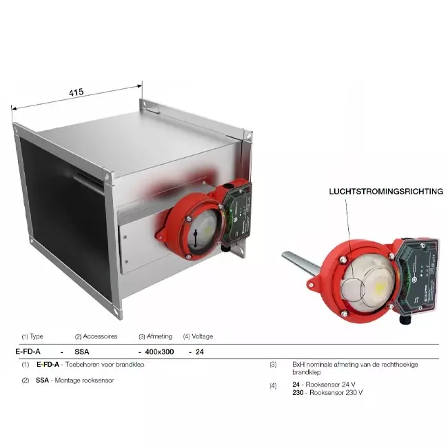 Rooksensor 24V voor rechthoekige brandklep - E-FD A SSA 200x450 24