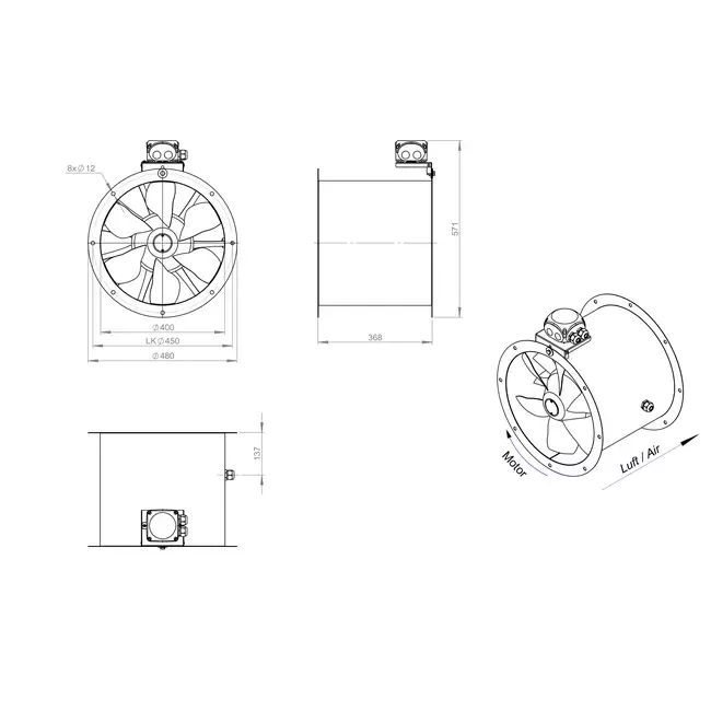 Axiaal 400 mm kanaalventilator - AL 400 D42U 02 CFG