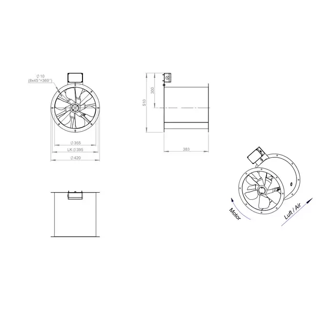 Axiaal 355 mm kanaalventilator rookgas F400 - AL 355 D2 F4 02 CFG