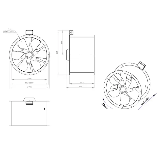 Axiaal 630 mm kanaalventilator rookgas F400 - AL 630 D4 F4 01 CFG
