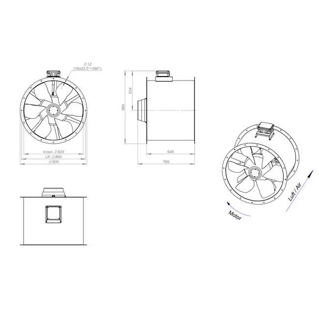 Axiaal 800 mm kanaalventilator rookgas F300- AL 800 D4 F3 05 CFG