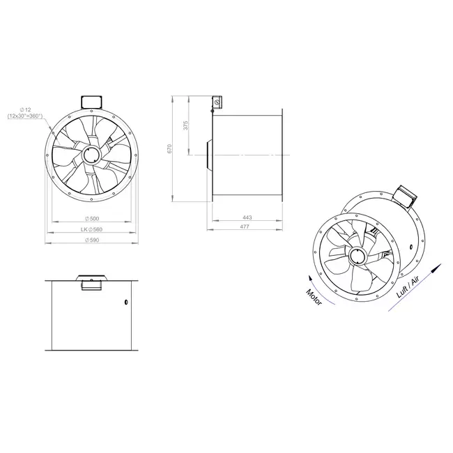 Axiaal 500 mm kanaalventilator rookgas F300- AL 500 D2 F3 02 CFG