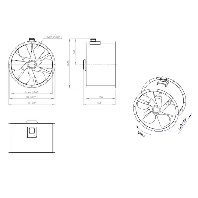 Axiaal 900 mm kanaalventilator rookgas F400 - AL 900 D84U F4 01 CFG