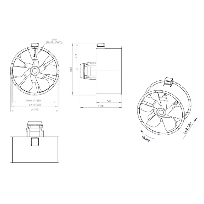 Axiaal 1250 mm kanaalventilator rookgas F300- AL 1250 D6 F3 06 CFG