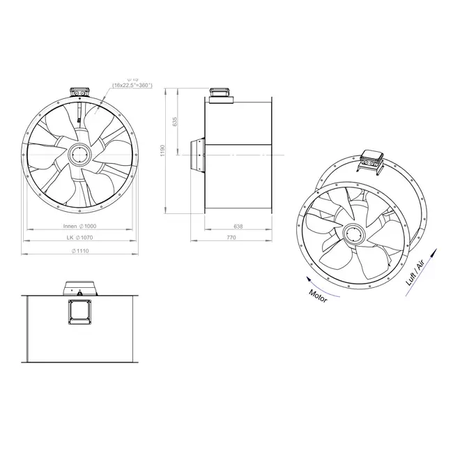 Axiaal 1000 mm kanaalventilator rookgas F400 - AL 1000 D84U F4 01 CFG