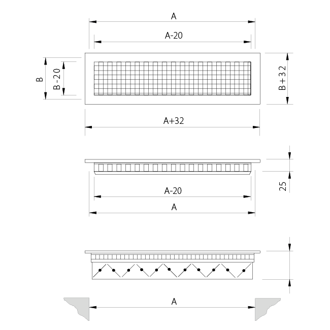 Wandrooster aluminium met vast raster – met klemveren – 400x200 mm – RAL 9016
