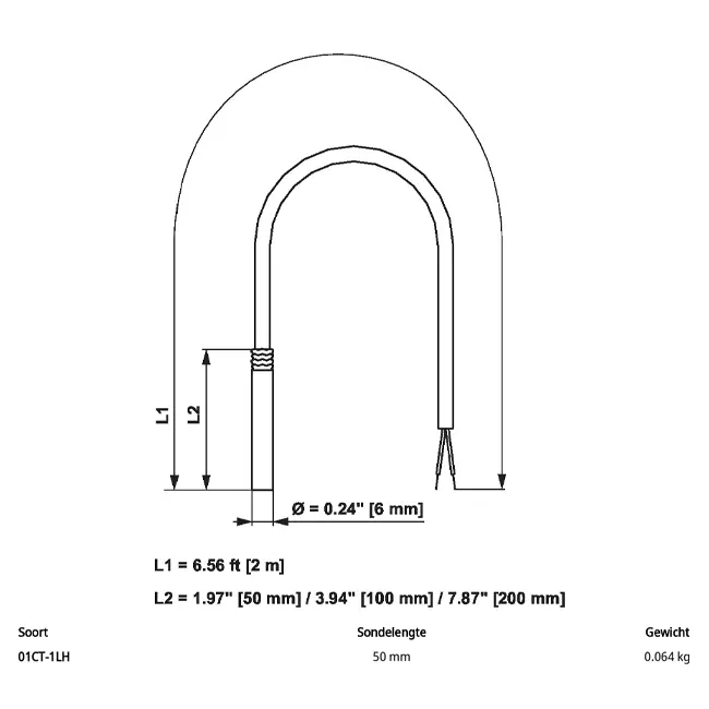Belimo kabeltemperatuursensor NTC10k (10k2) 50x6 mm - 2 meter - 01CT-1LH