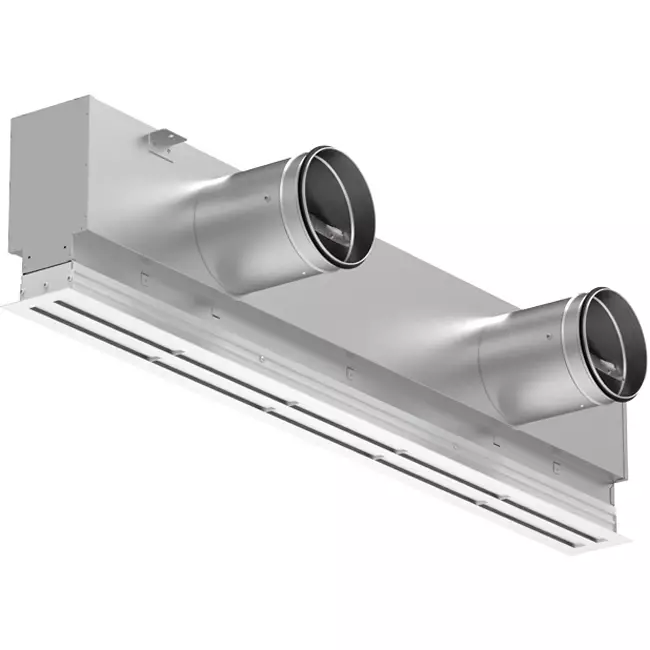 Lijnrooster aluminium met 1 instelbaar patroonblad – 2000 mm – RAL 9016 + geïsoleerd plenum met luchtdebietregelklep