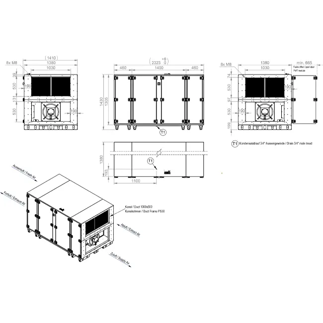 Maxivent WTW luchtbehandelingkasten met tegenstroomwisselaar 5000 m3/h horizontaal horizontaal rechts - PHE 5000 H OOJR T 01
