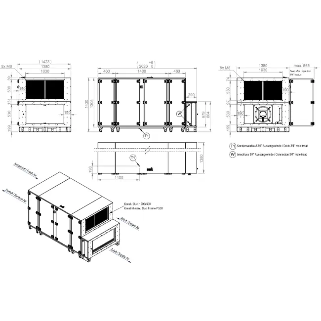 Maxivent WTW luchtbehandelingkasten met tegenstroomwisselaar 5000 m3/h met warmwaterbatterij en DX-koeling horizontaal rechts - PHE 5000 H WDJR T 01