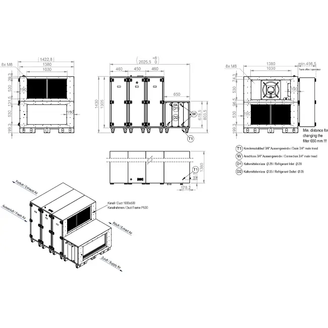 Maxivent WTW luchtbehandelingkasten met warmtewiel 5000 m3/h met warmwaterbatterij en DX-koeling horizontaal links - RHE 5000 H WDJL T 01
