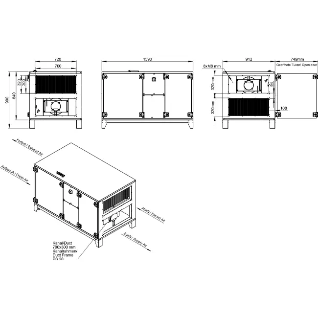 Maxivent WTW luchtbehandelingkasten met warmtewiel 1500 m3/h horizontaal horizontaal links - RHE 1500 H OOJL