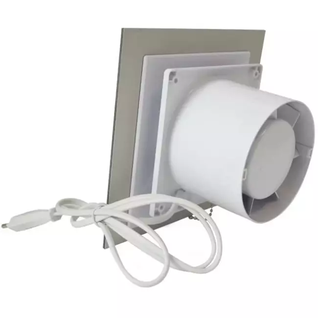 Badkamer ventilator Ø 100 mm met trekkoord en stekker - glazen front satijn zilver